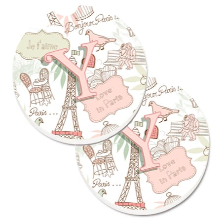 Carolines Treasures Letter Y Love in Paris Pink Set of 2 Cup Holder Car Coaster CJ2002-YCARC